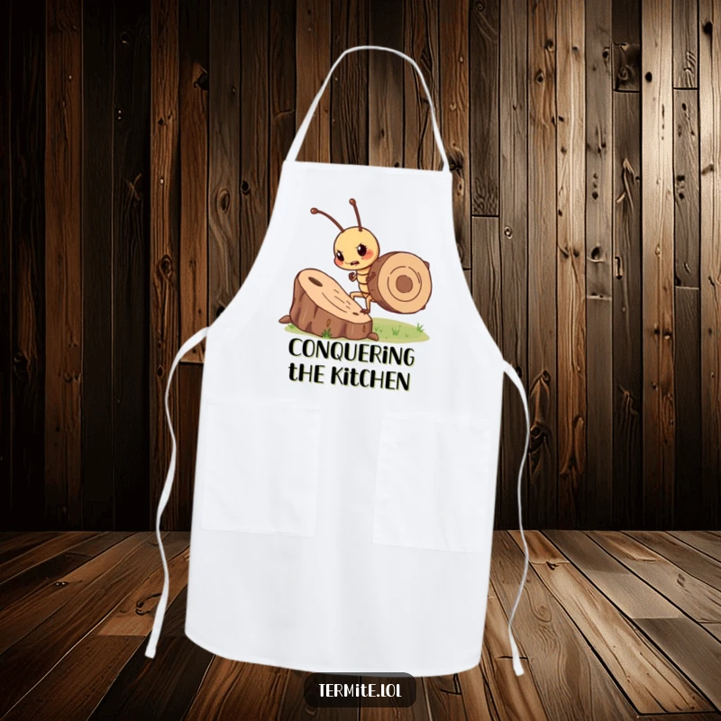 Funny determined termite character pushing a wood chip, humorous kitchen apron, ideal for gifting chefs.