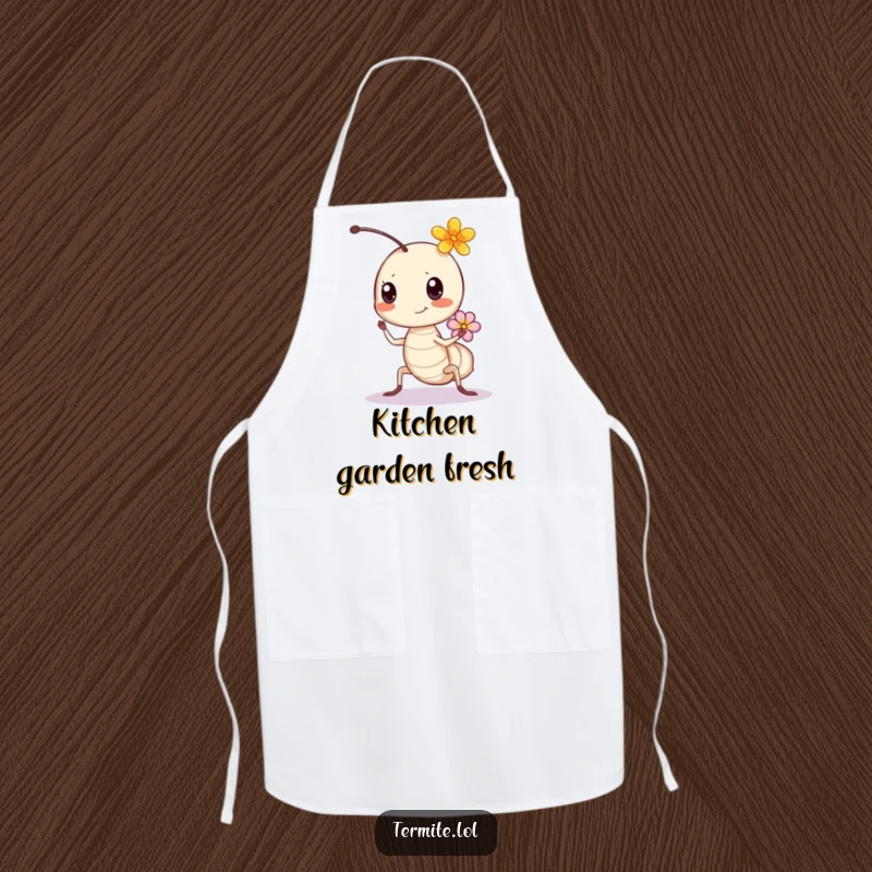 Funny bouncing termite with a flower, humorous kitchen apron, ideal for gifting cheerful chefs.