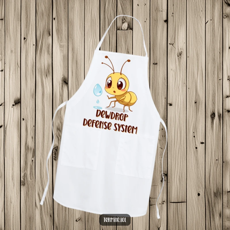 Funny surprised termite character shocked by a dewdrop, humorous kitchen apron, perfect for gifting chefs.