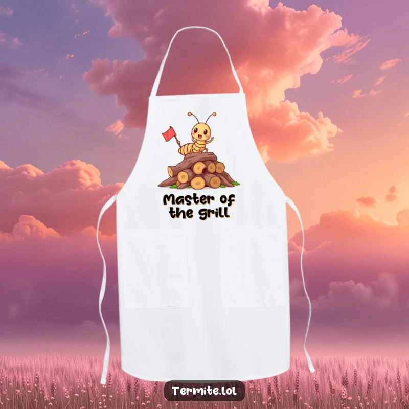 Funny triumphant termite holding a flag on wood, humorous kitchen apron, ideal for gifting champion chefs.
