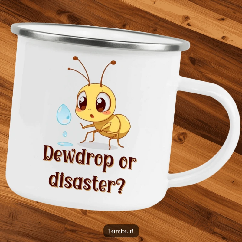 Funny surprised termite character, wide eyes fixed on a dewdrop, rugged humorous camping mug, perfect gift.