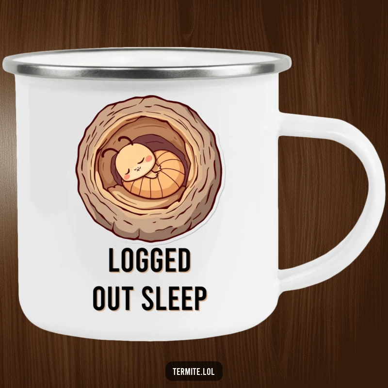 Funny sleepy termite character in a log, cozy humorous camping mug, perfect funny gift.