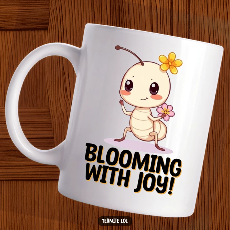 Funny bouncing termite character wearing a tiny flower, radiating happiness, humorous mug, perfect gift.