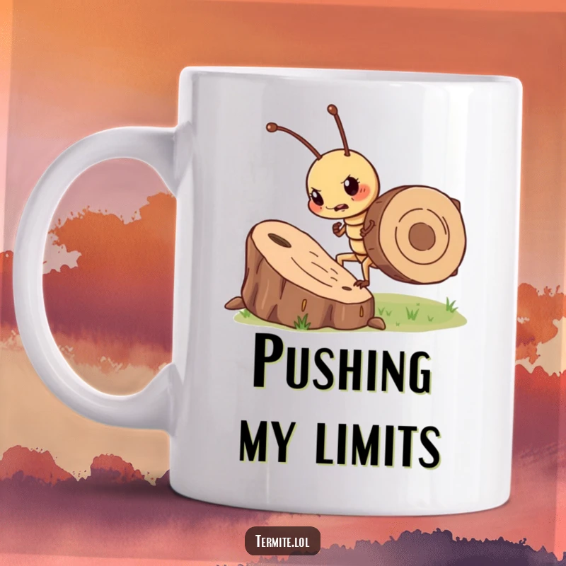 Funny determined termite character pushing a large wood chip with all its might, humorous mug, gift.