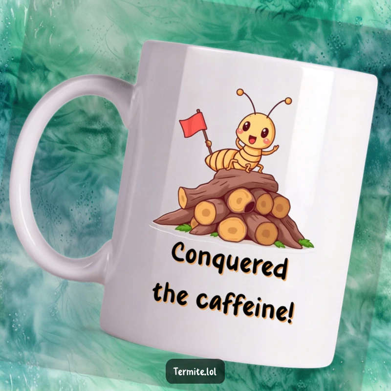 Funny triumphant termite character holding a mini flag on a wood pile, celebrating success, humorous mug, gift.