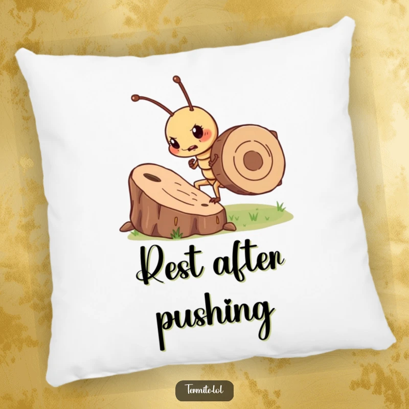 Funny determined termite character pushing a wood chip, soft and humorous pillow, great funny gift.