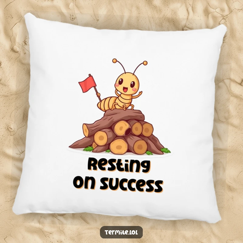 Funny triumphant termite with a flag on wood, soft and humorous pillow, great funny gift.