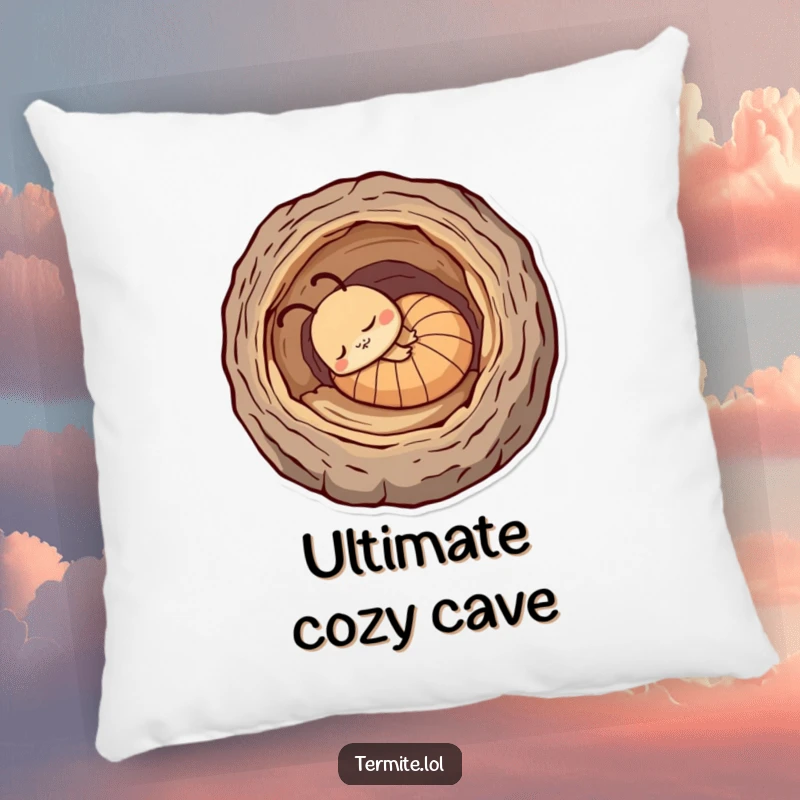Funny sleepy termite character in a hollow log, soft humorous pillow, great funny gift.