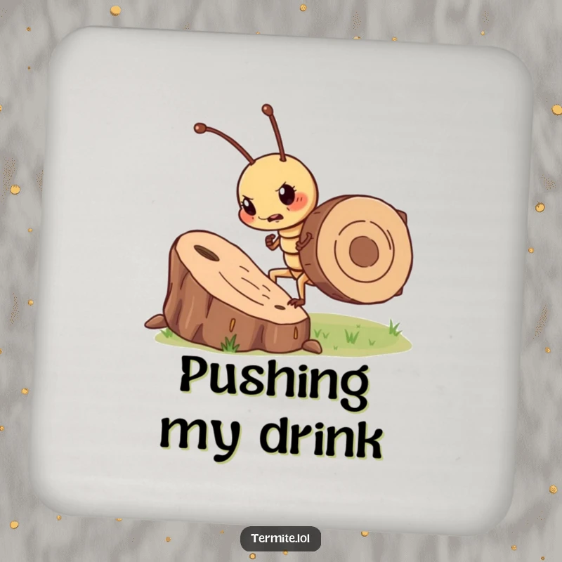Funny determined termite character pushing a wood chip, humorous drink coaster, perfect for table protection.