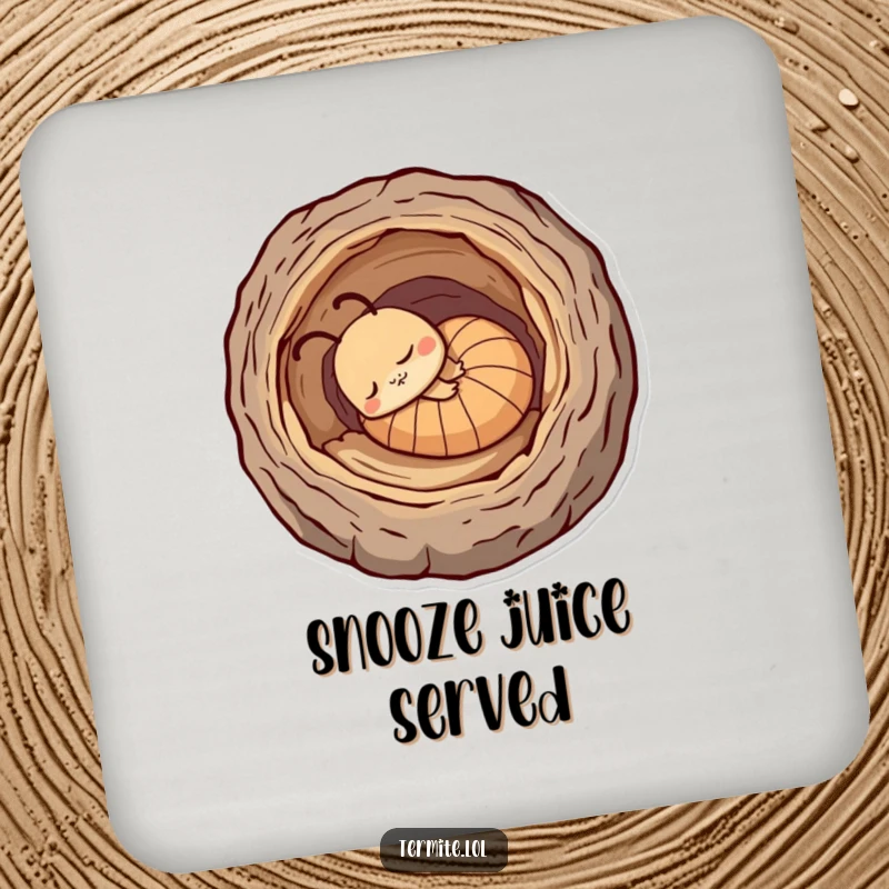 Funny sleepy termite character curled in a log, humorous drink coaster, perfect for protecting furniture.