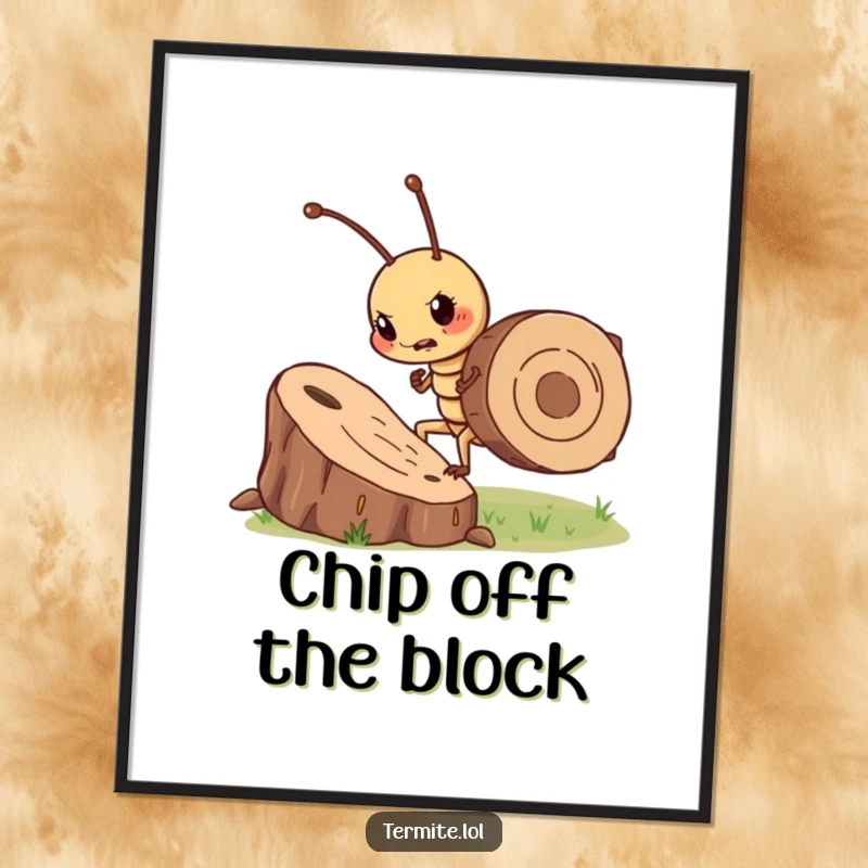Funny determined termite character moving a large wood chip, inspiring humorous wall art, perfect funny gift.