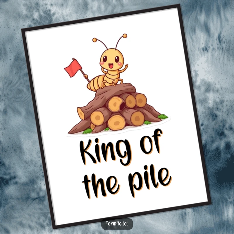 Funny triumphant termite holding a flag on wood, inspiring humorous wall art, perfect funny gift.