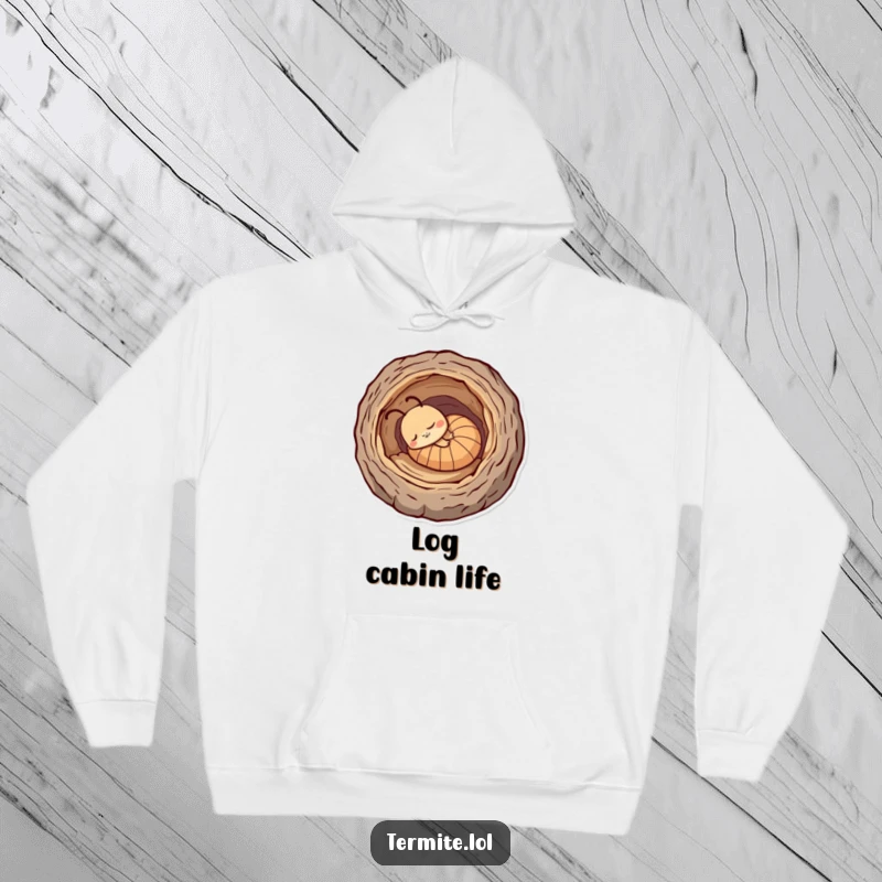 Funny sleepy termite character resting in a hollow log, warm and humorous hoodie, perfect funny gift.