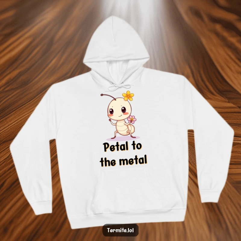 Funny bouncing termite with a tiny flower, cheerful and humorous hoodie, perfect funny gift.