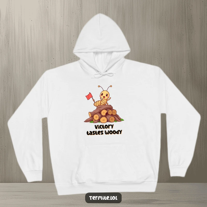 Funny triumphant termite holding a flag on wood, warm and humorous hoodie, perfect funny gift.