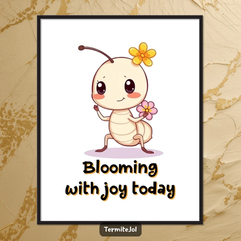 Funny Free Printable Wall Art: A happy termite bounces joyfully, adorned with a flower, creating charming downloadable art.