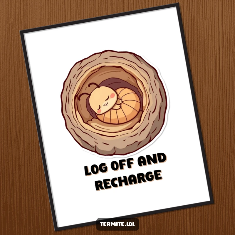 Funny Free Printable Wall Art: A sleepy termite naps in a hollow log, a serene and downloadable art piece.