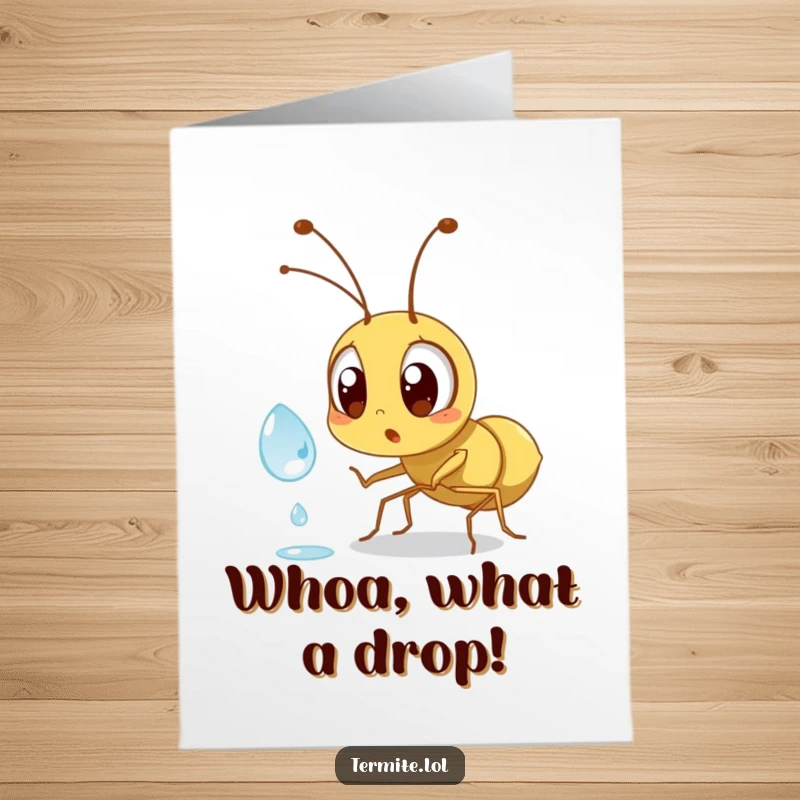 Funny Free Printable Birthday Card: A shocked termite stares wide-eyed at a giant dewdrop, a comical birthday surprise.