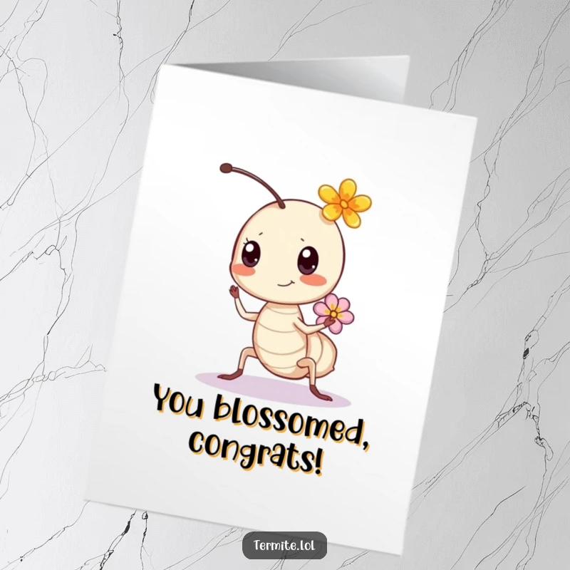 Funny Free Printable Congratulations Card: A joyful termite bounces, wearing a flower, celebrating a happy occasion.