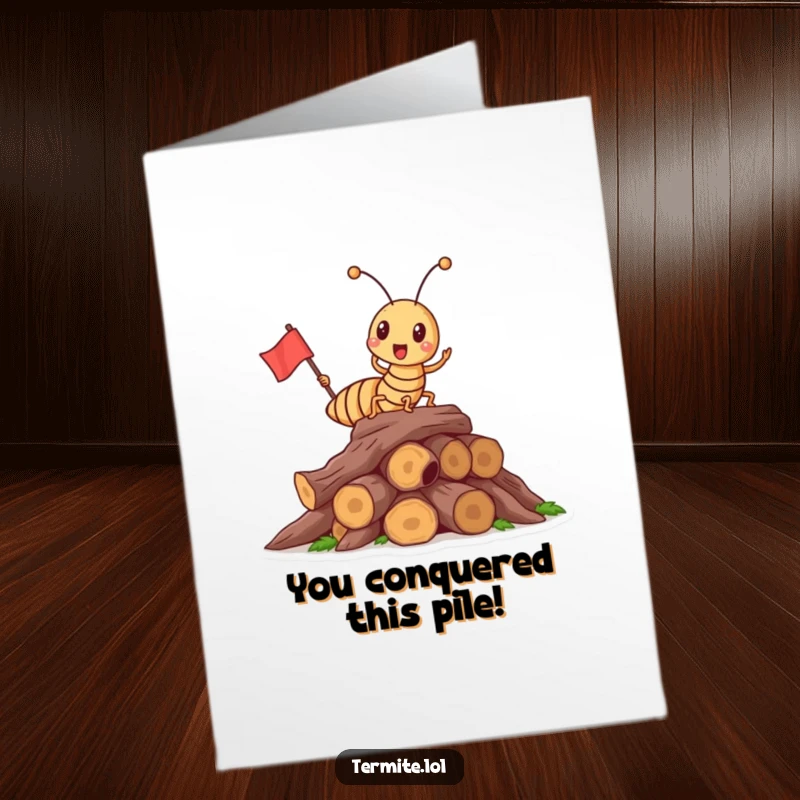 Funny Free Printable Congratulations Card: A triumphant termite plants a flag on a wood pile, a symbol of victory.