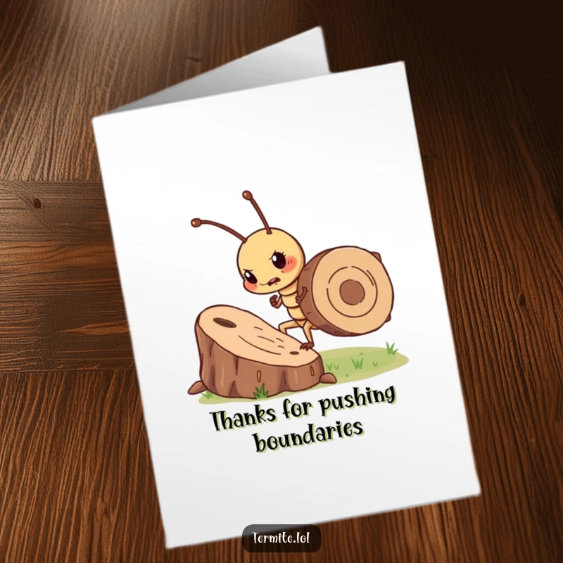 Funny Free Printable Thank You Card: A determined termite tackles a huge wood chip, a symbol of hard work.