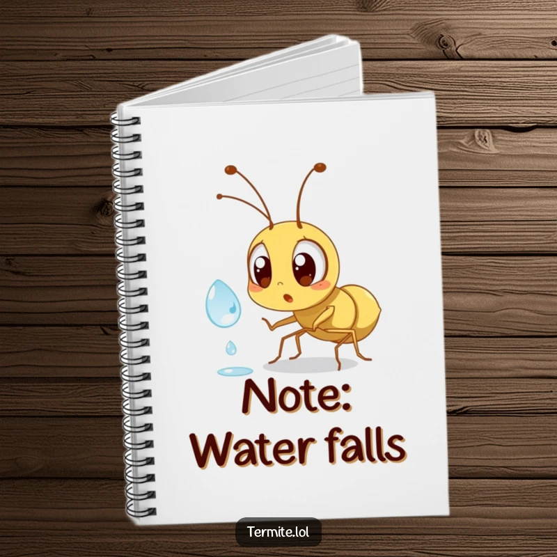 Funny surprised termite character wide-eyed at a dewdrop, humorous notebook for jotting ideas, perfect gift.