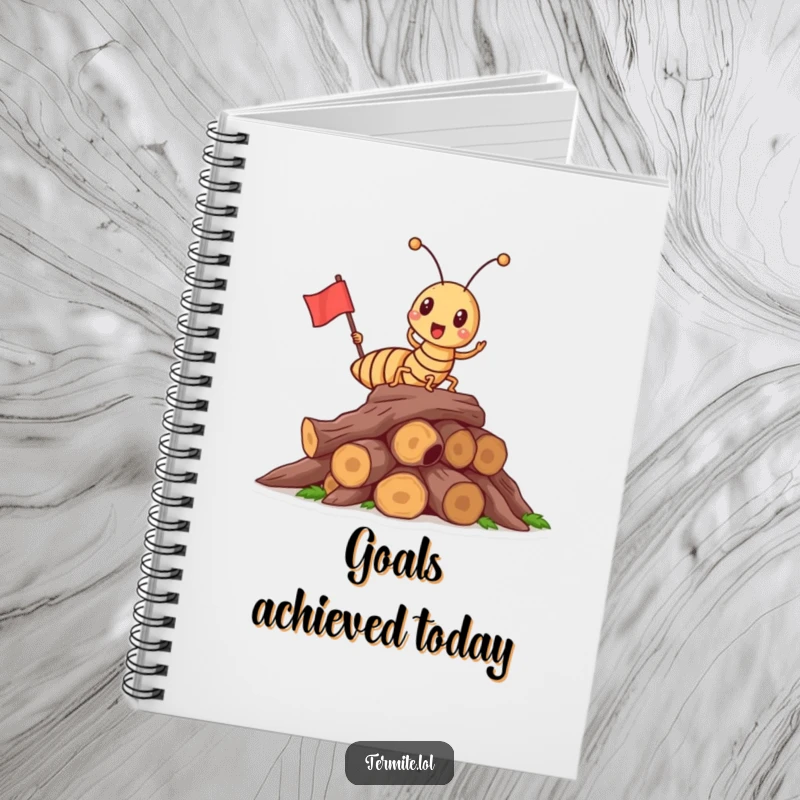 Funny triumphant termite holding a flag on wood, humorous notebook for logging victories, perfect gift.
