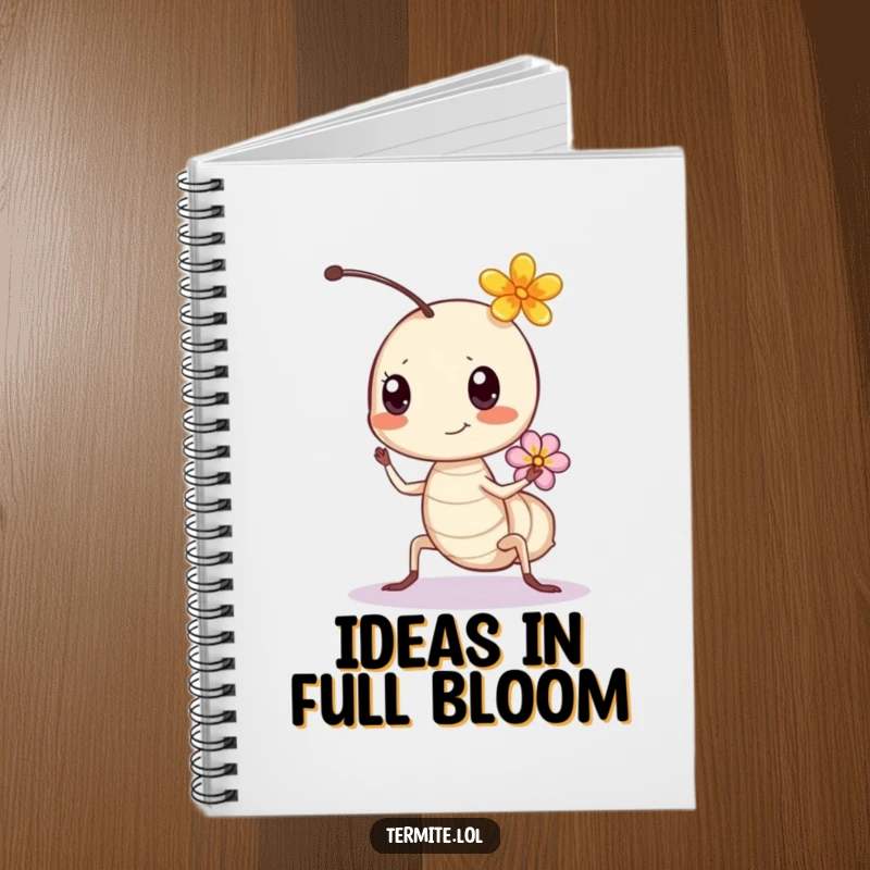 Funny bouncing termite with a flower, humorous notebook for blooming ideas, perfect gift.