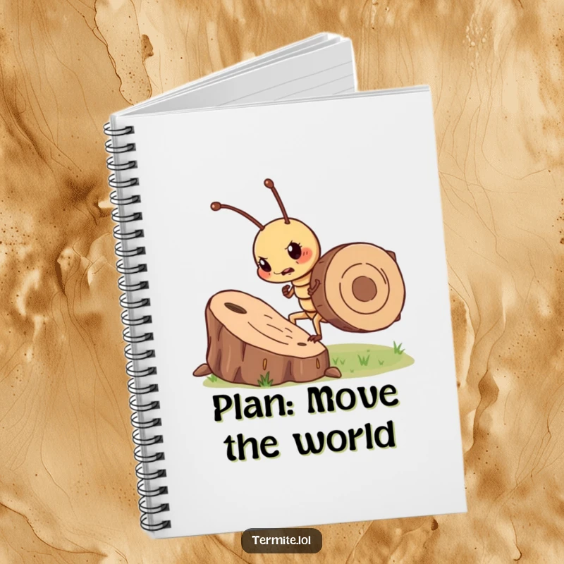 Funny determined termite character pushing a large wood chip, humorous notebook for goal setting, perfect gift.