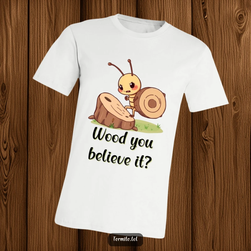 Funny determined termite pushing a big wood chip, humorous t-shirt, great for motivational gift.