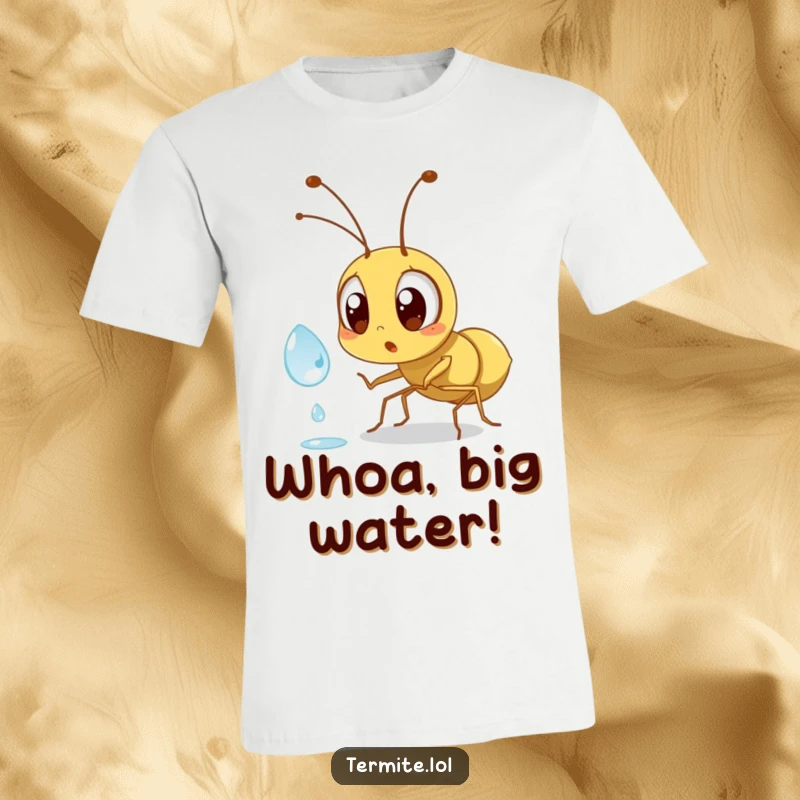 Funny surprised termite character wide-eyed at a dewdrop, a hilarious tee for bug enthusiasts and gift.