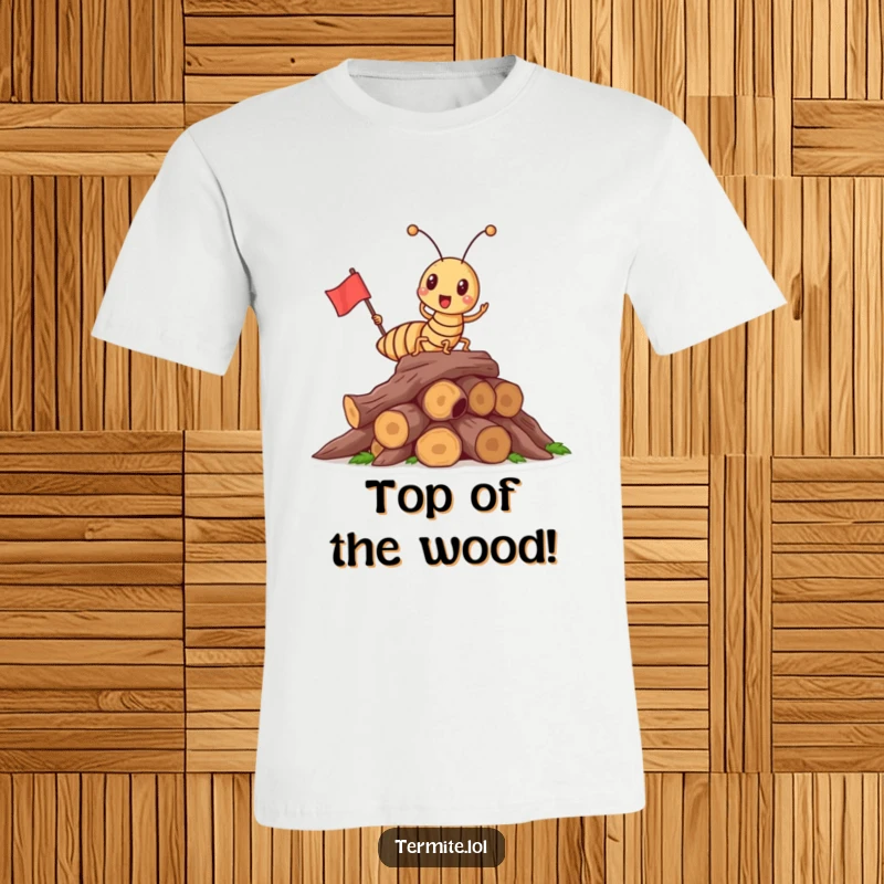 Funny triumphant termite planting a flag on wood, humorous t-shirt, great for celebrating gift.