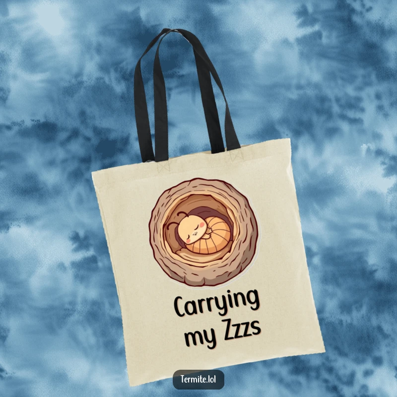 Funny sleepy termite curled in a log, a comfortable and humorous tote bag, great funny gift.