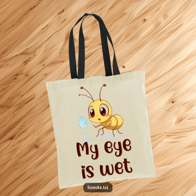 Funny surprised termite character with big eyes staring at a dewdrop, a humorous tote bag, great gift.